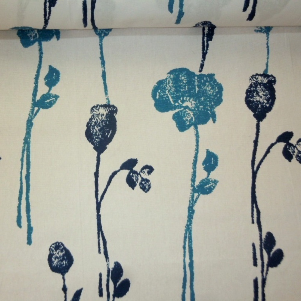Cotton Poppy Blue on White Fabric - Picture 4 of 6